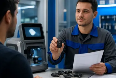 Profissional de chaveiro confeccionando uma chave codificada em Ilhéus.