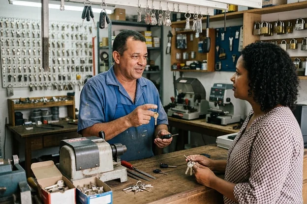 Profissional de chaveiro em Ilhéus orientando um cliente sobre serviços.